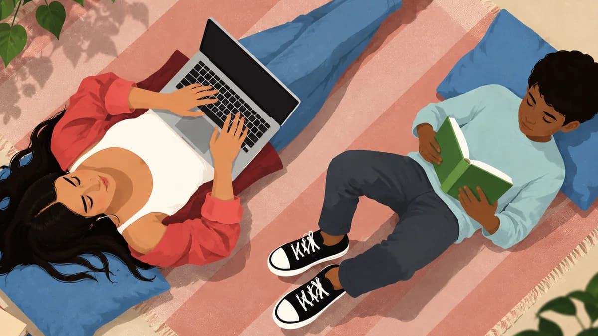 Illustration of two people lying on a striped rug, one typing on a laptop and one reading a book