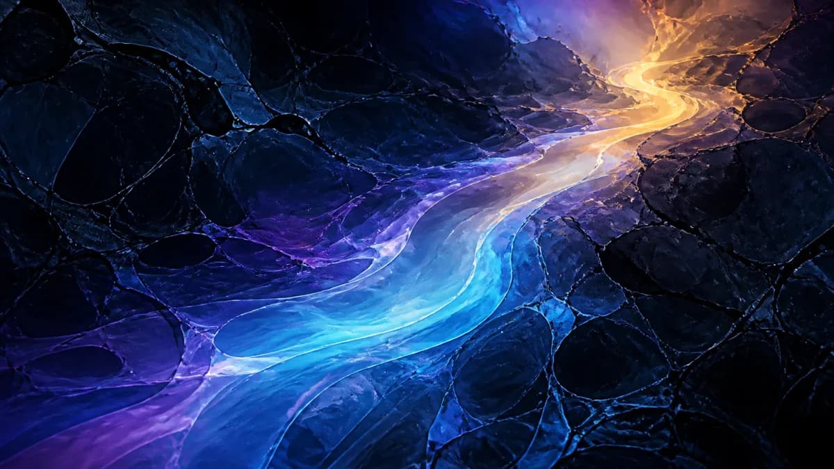 An iridescent river of light cutting through a dark tangled network