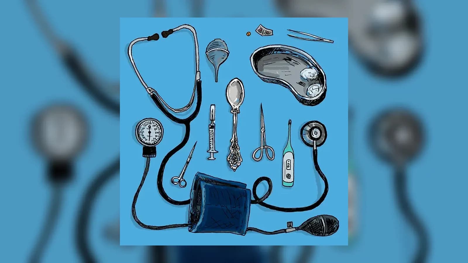 Illustrated medical tools on a blue background for an AntiMedia news article about blockchain in healthcare records and medicine supply chains