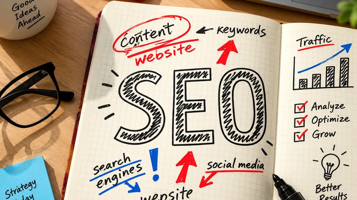 A notebook open on a desk with SEO, content, search engines and social media sketched in marker