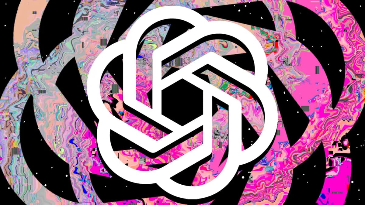 The OpenAI logo over a glitched pink and black background