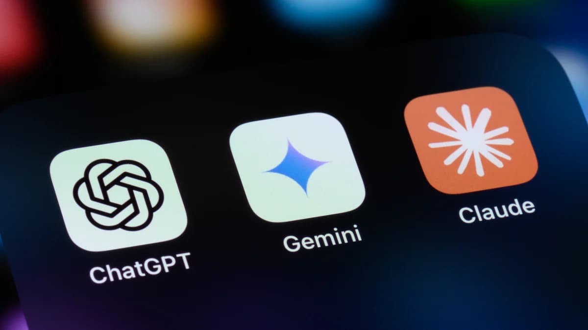 ChatGPT, Gemini and Claude app icons on a smartphone screen for an AntiMedia analysis
