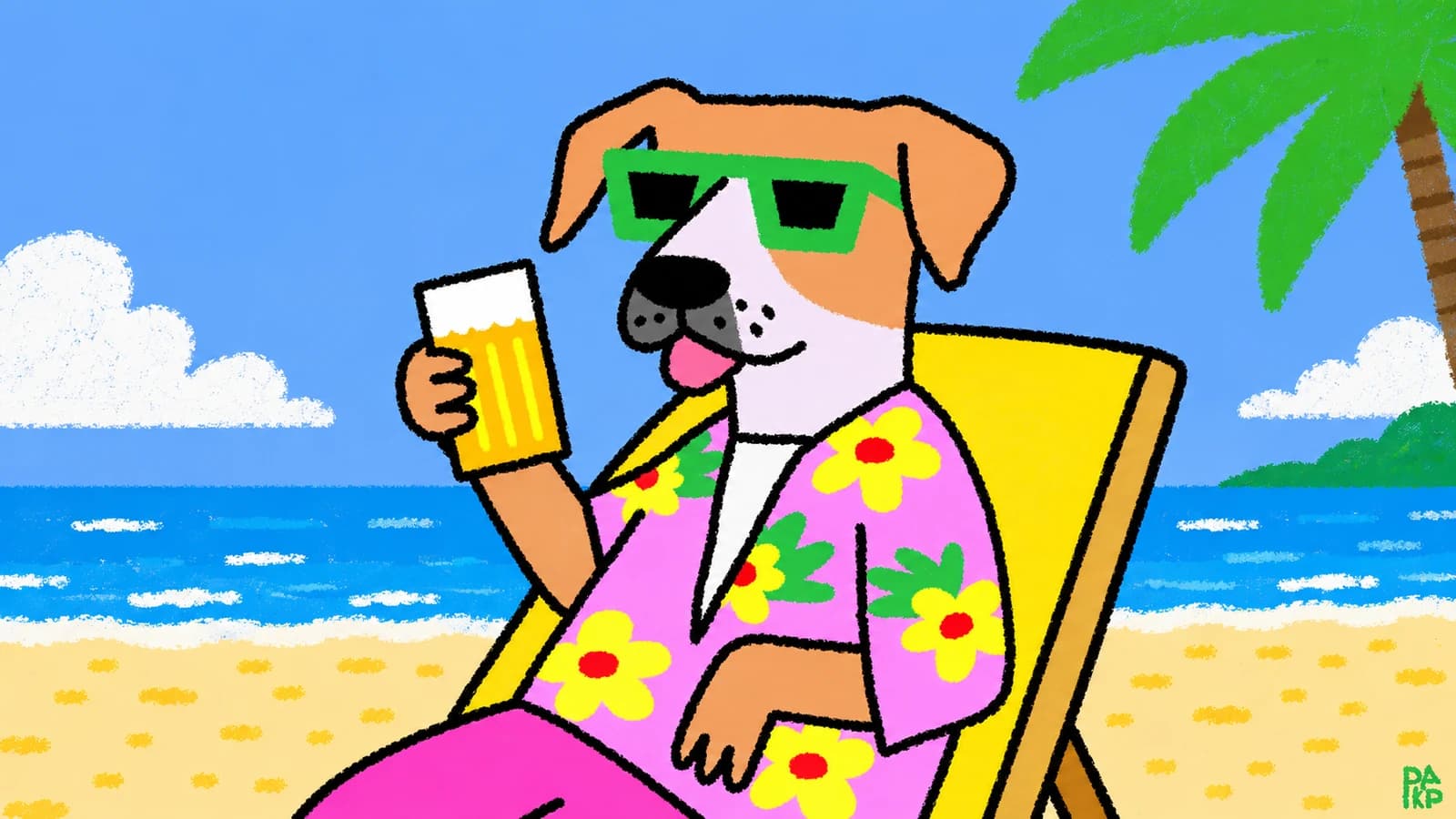 Illustrated dog wearing green sunglasses and a pink floral shirt, holding a drink in a yellow chair on a tropical beach
