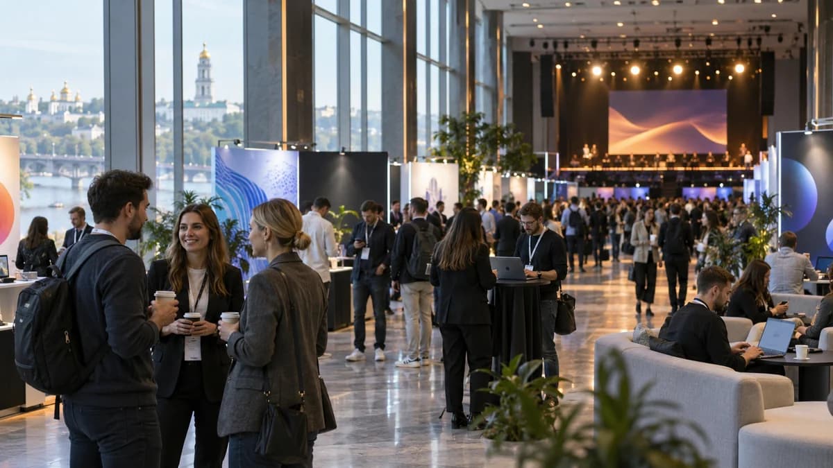 Attendees with badges and coffee talking between stands at a conference hall in Kyiv, the Dnipro and church domes through the windows