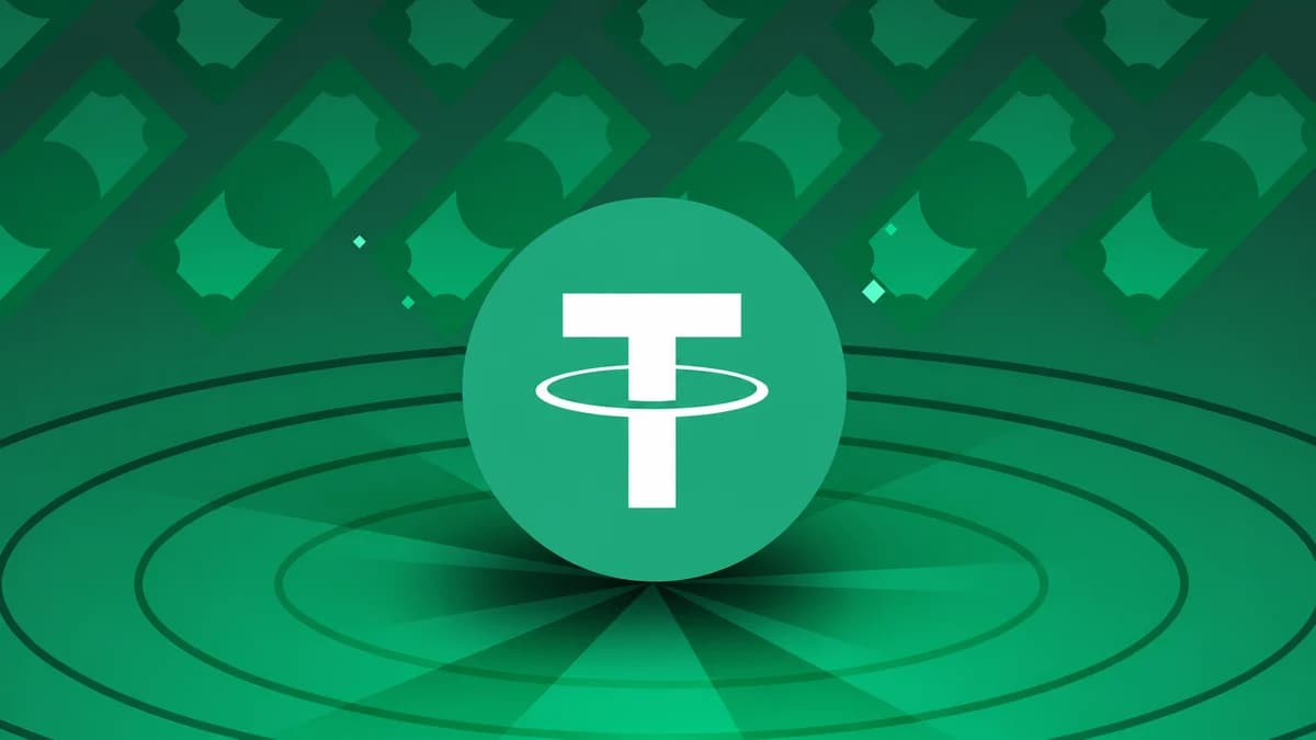 A Tether USDT symbol on a green token with banknote patterns and concentric rings