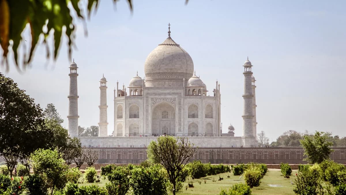 The Taj Mahal in Agra, India, seen across its formal garden