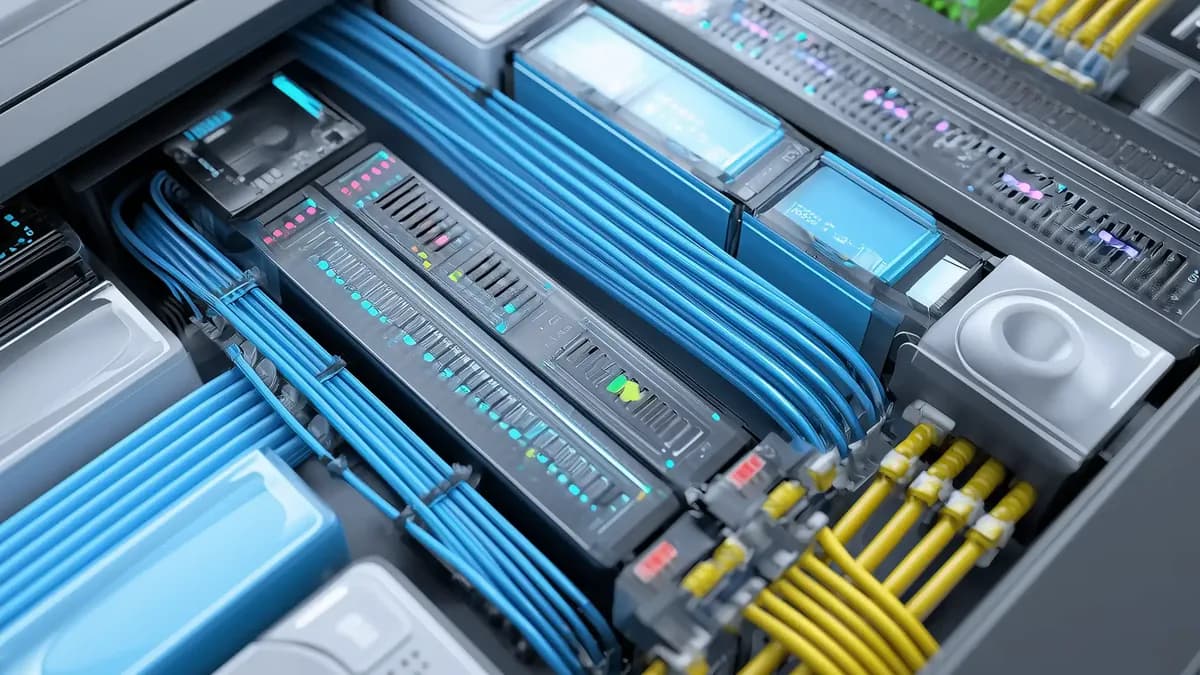 Close-up illustration of server hardware with blue, green and yellow cables