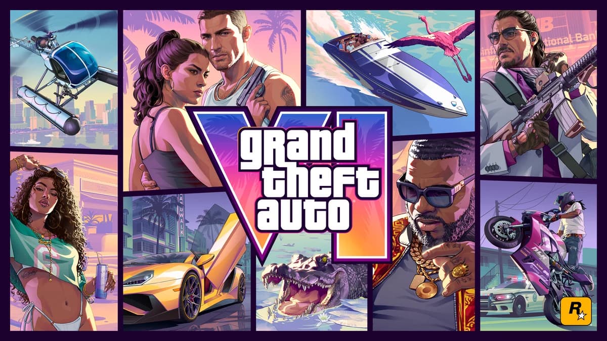 The official Grand Theft Auto VI cover art from Rockstar Games, a panel collage of Vice City characters, cars, boats and neon over the GTA VI logo