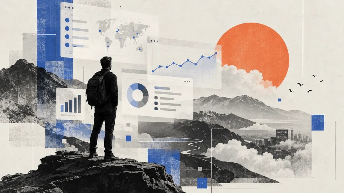 Editorial collage of a person standing on a rock looking at floating analytics panels above mountains