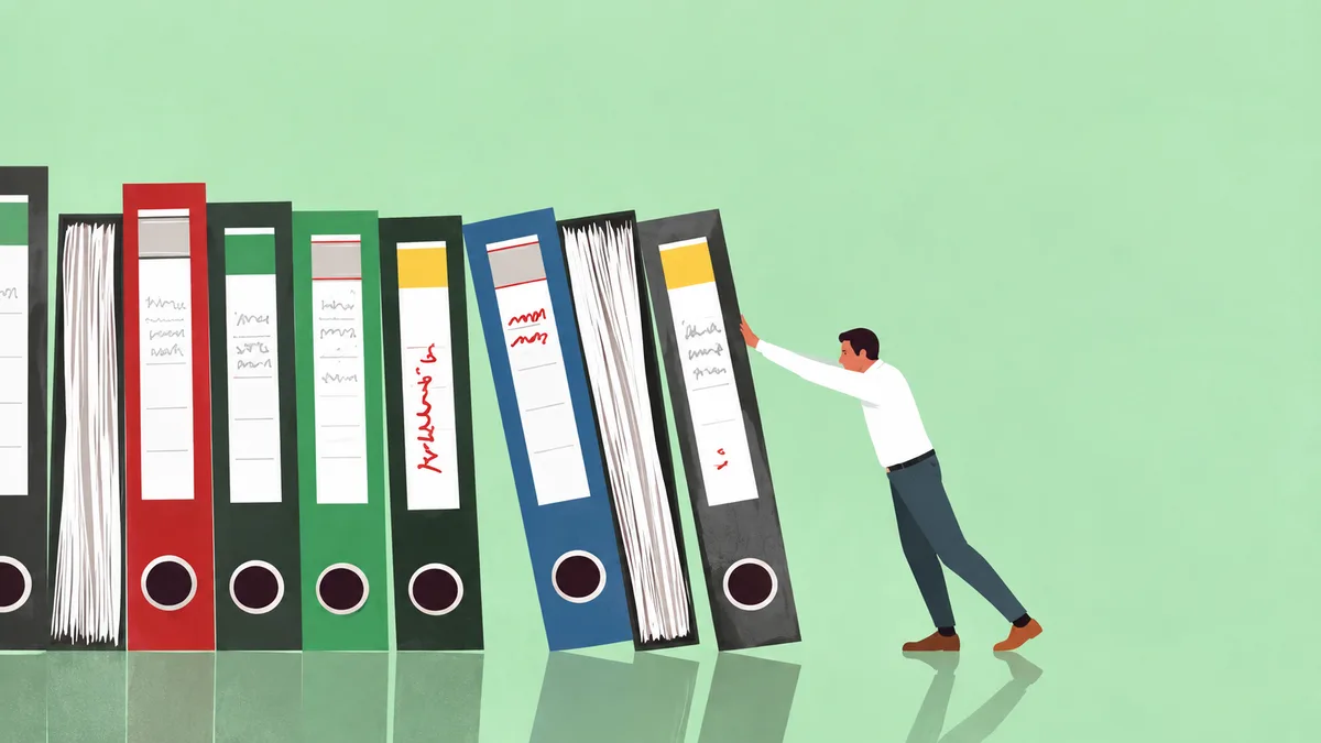 A man pushing a row of leaning binders upright, an illustration of checking and putting records in order