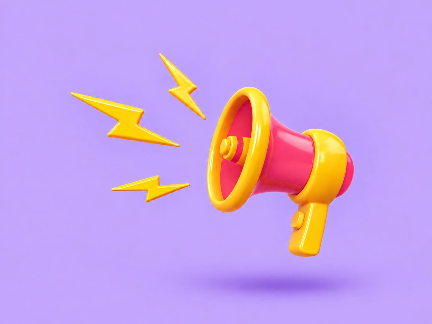 Pink and yellow megaphone with three yellow lightning bolts against a lavender background