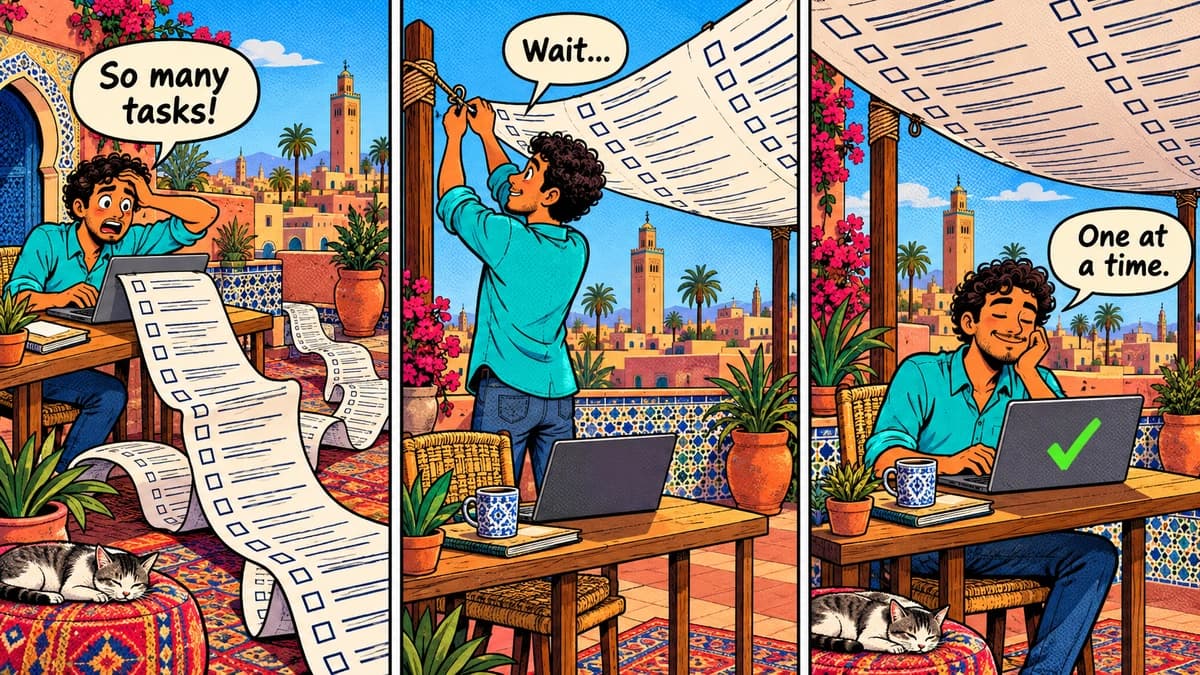 Three-panel comic of a Moroccan freelancer turning a long task list into a shade canopy above his laptop.