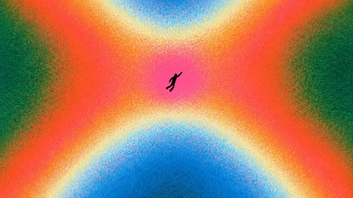 A small silhouette in colourful abstract light, cover art for AntiMedia's article on online work in Indonesia