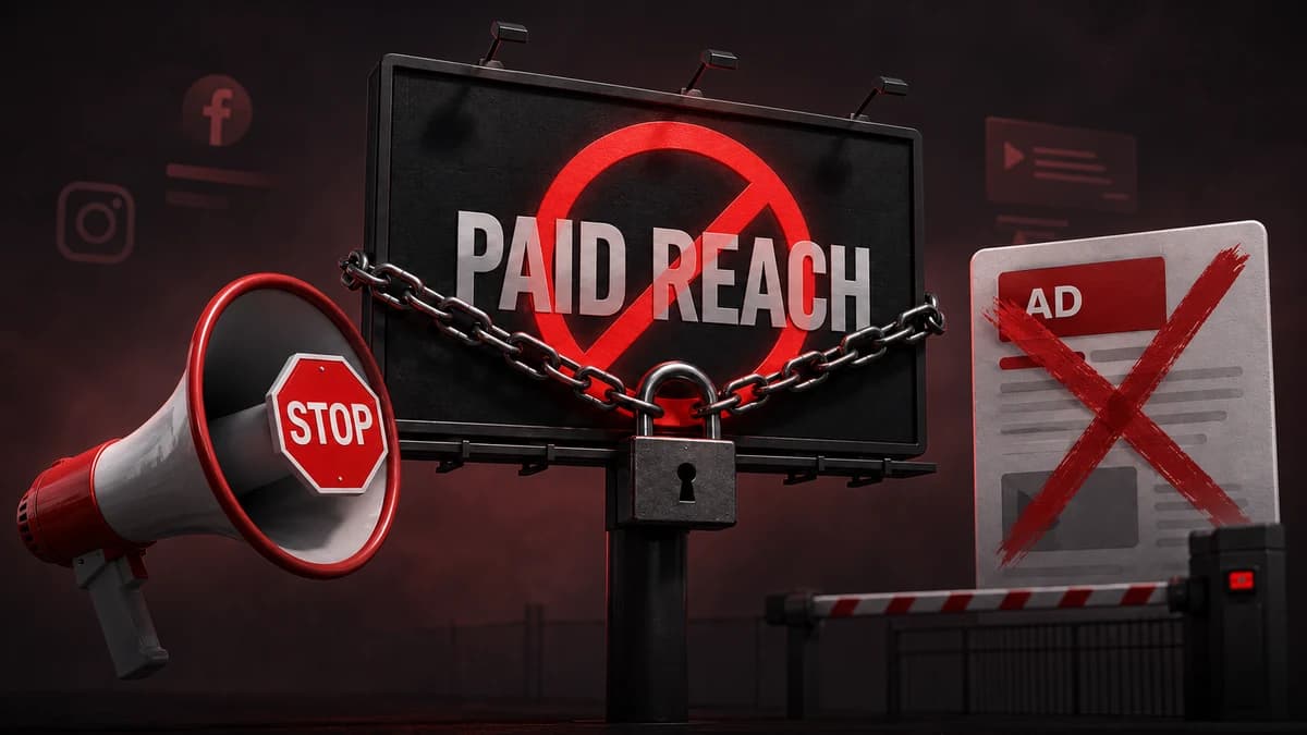 A billboard reading Paid Reach chained and padlocked, with a blocked ad and a falling graph