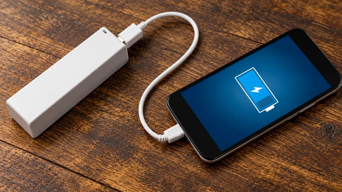 Smartphone displaying a charging symbol, connected to a white power bank on a wooden table