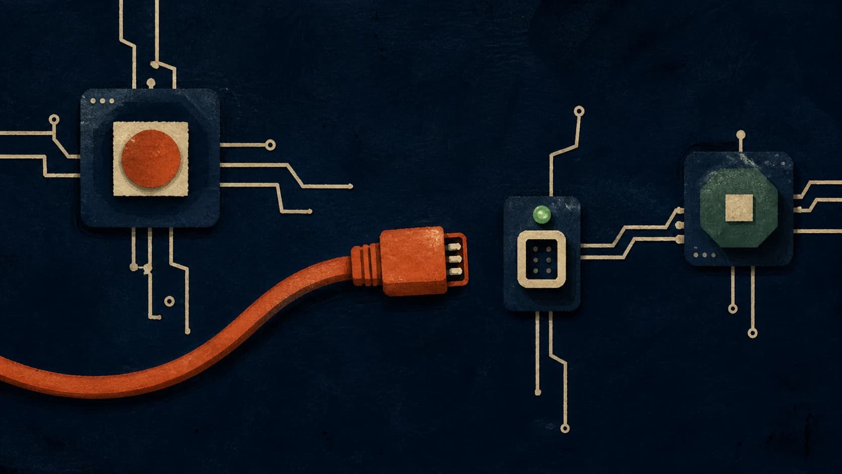An unplugged orange cable between nodes on a dark hand-painted circuit board