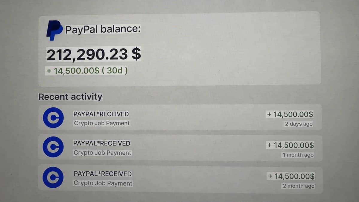 Illustration of a PayPal balance and recent payment activity on a photographed computer screen