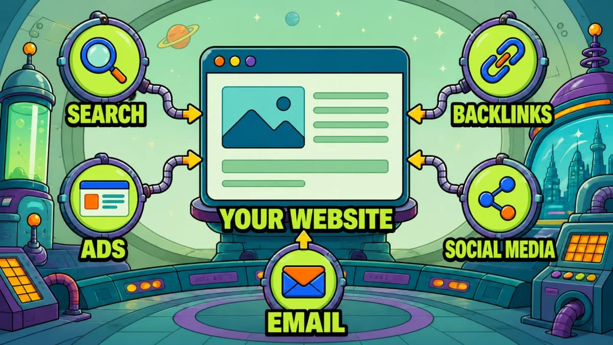 An illustration of a browser window labelled Your Website with arrows feeding into it from Search, Ads, Backlinks, Social Media and Email