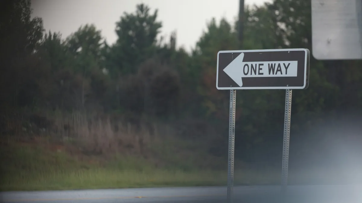 A one way road sign pointing left, with the road ahead out of frame