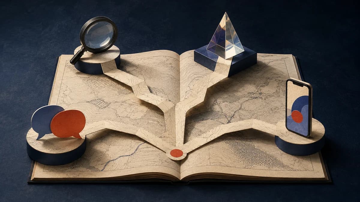 An open paper atlas with branching paths leading to a magnifying glass, a prism, conversation shapes and a smartphone