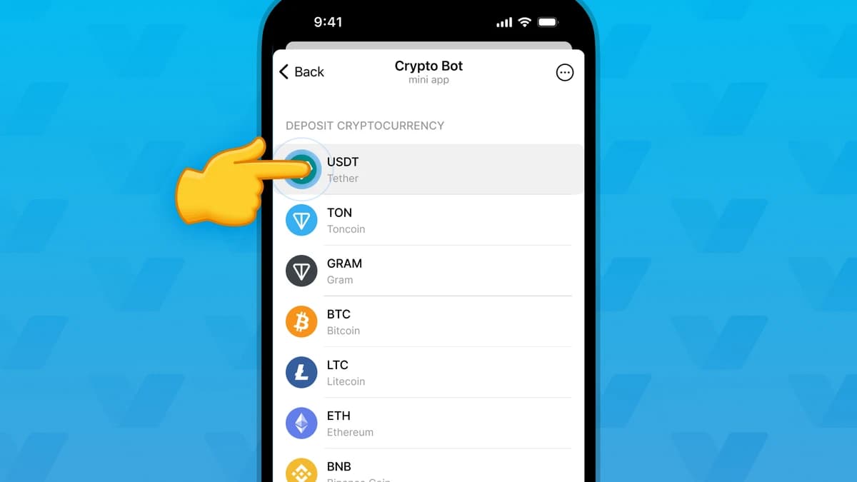 Official Crypto Bot illustration showing the USDT deposit option in a Telegram mini app, used in an AntiMedia wallet guide