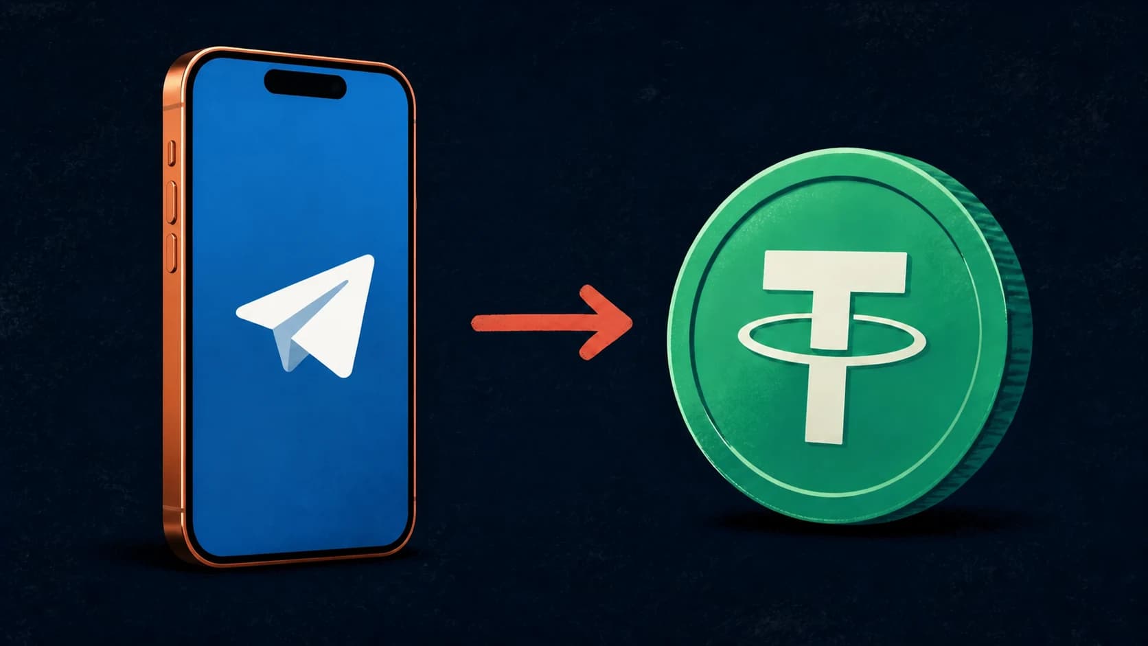 A Telegram phone screen pointing toward a green USDT coin on a dark navy background