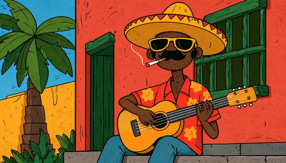 Illustration of a guitarist in a yellow sombrero and sunglasses beside a red wall and green shutters, with a palm tree on the left.