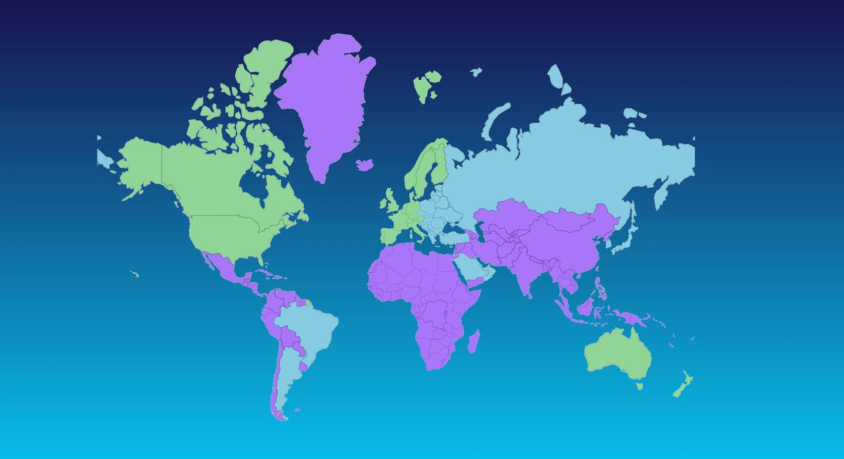 World map divided into three colorful geographic tiers on a blue gradient background