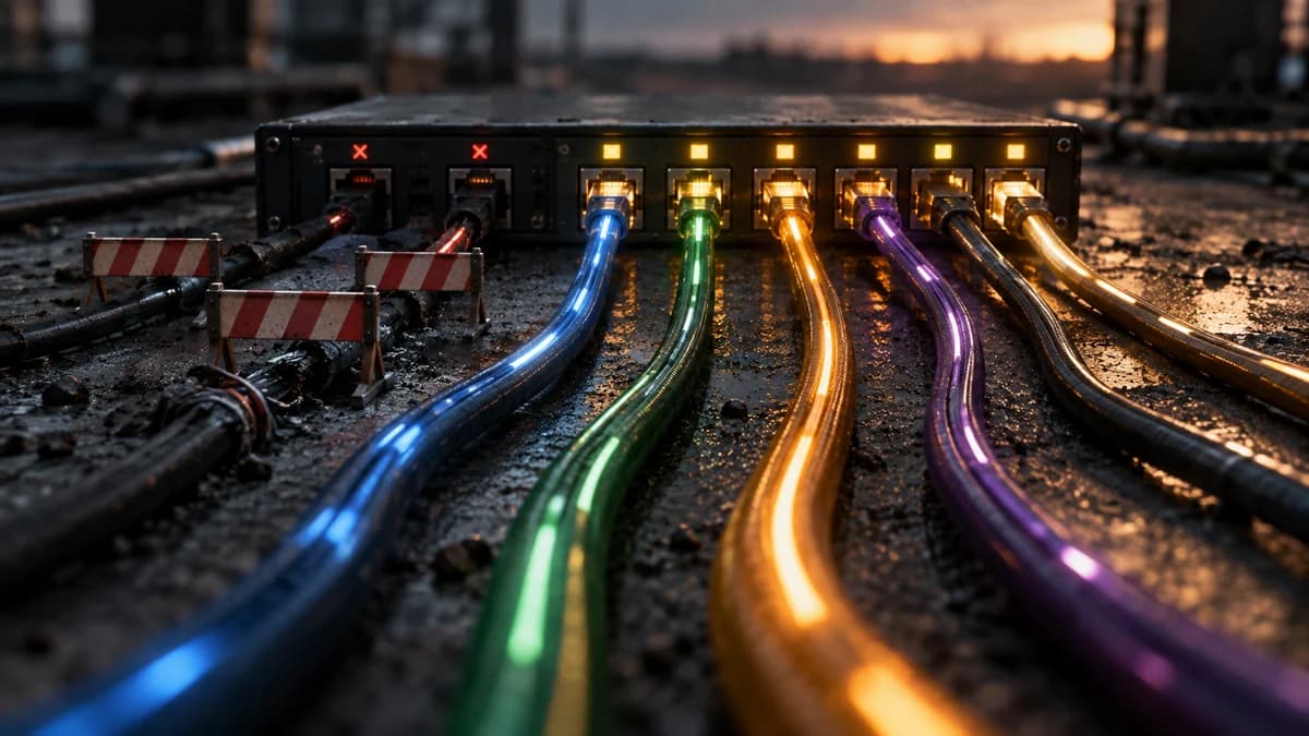 A network switch at dusk: two ports blocked by red crosses and barriers, six glowing cables still connected