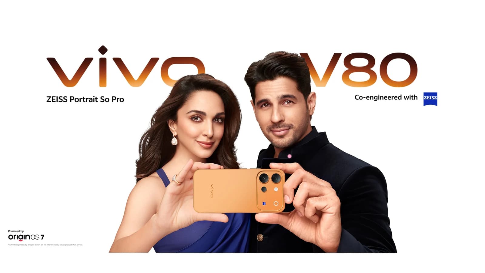 Official vivo V80 promotional image showing two models holding an orange smartphone beneath vivo V80 and ZEISS branding