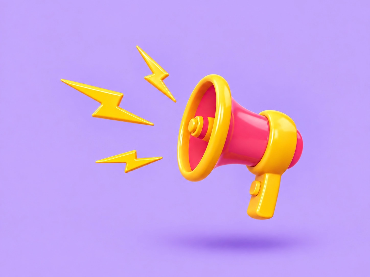 Pink and yellow megaphone with three yellow lightning bolts against a lavender background