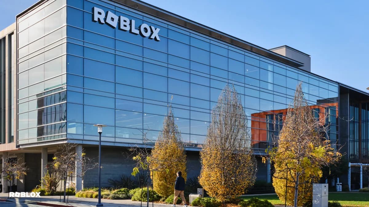 Roblox headquarters in San Mateo, California, a glass building with the Roblox logo on the facade