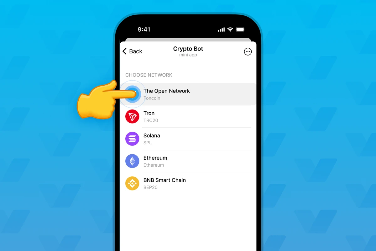 Official Crypto Bot network list with Tron TRC20 on the second row, below The Open Network