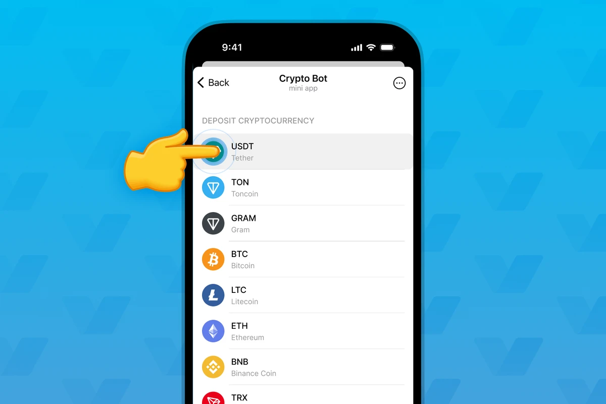 Official Crypto Bot help illustration showing USDT Tether in the deposit cryptocurrency list