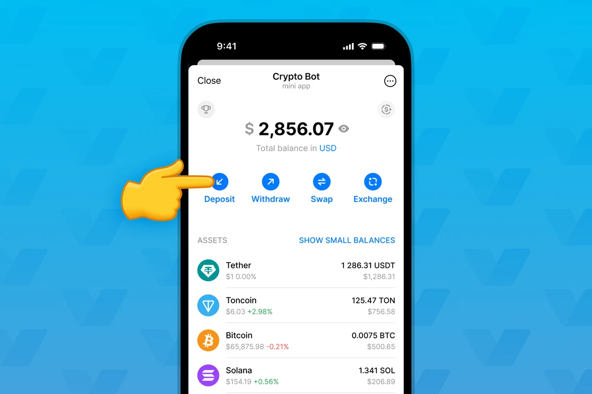 Official Crypto Bot help illustration showing the Deposit button in the Telegram wallet