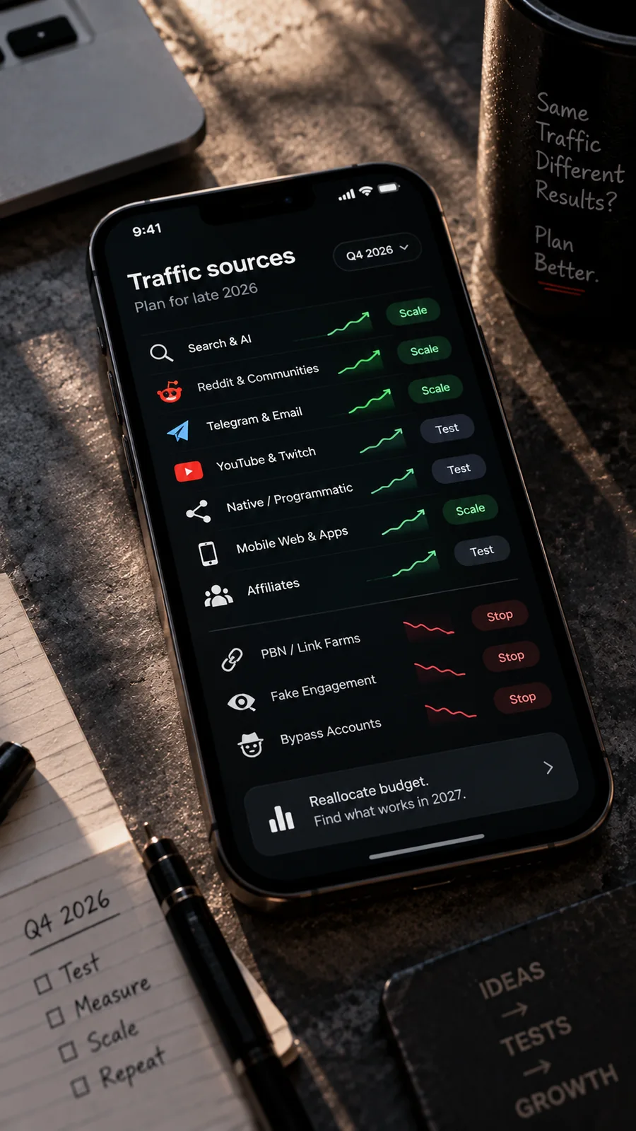 A phone screen listing traffic sources for late 2026, each marked scale, test or stop, next to a notebook with a Q4 checklist